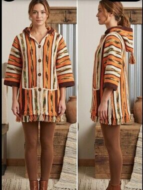Upcycled vtg afghan Coat M orange stripe Don't Throw It Out